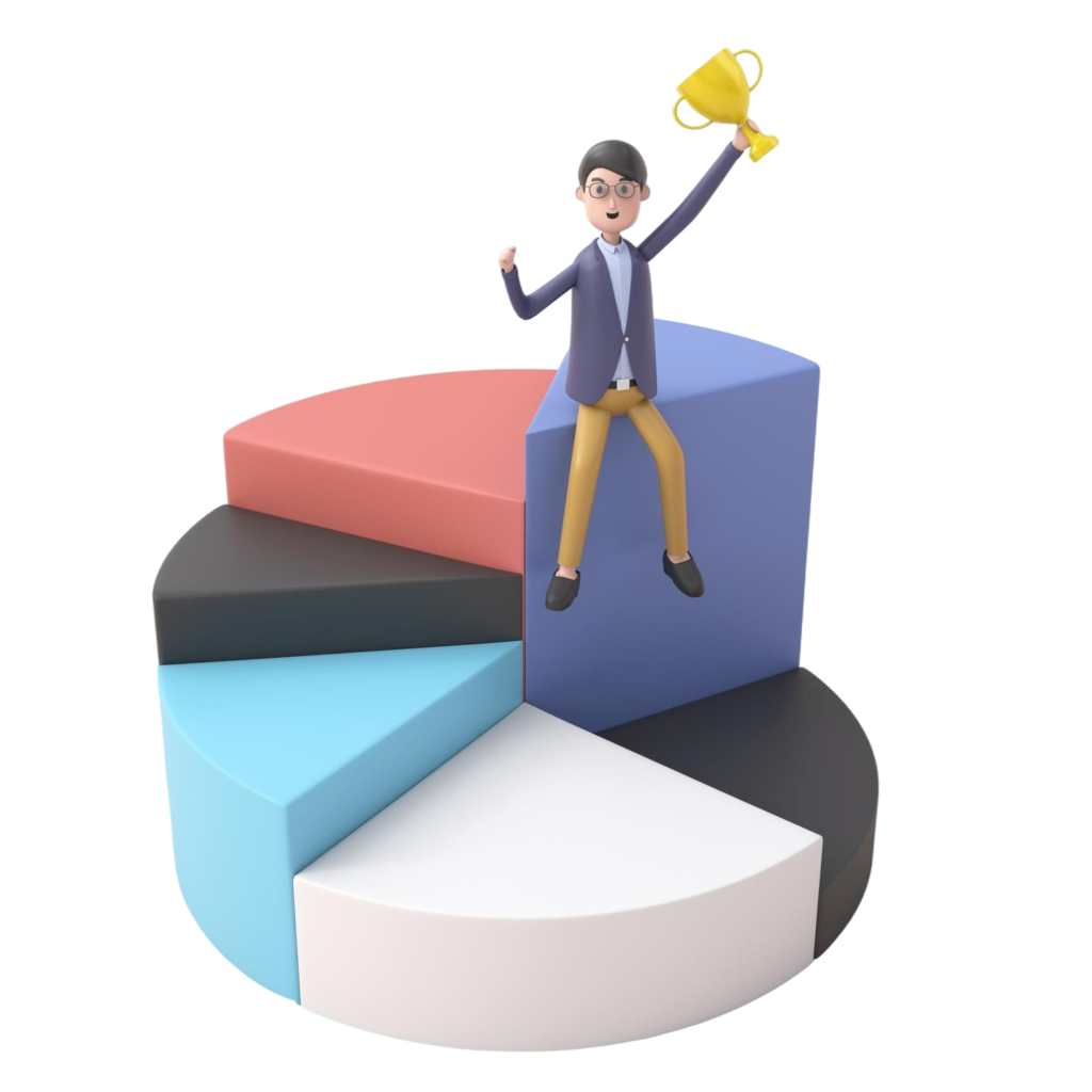 3d illustration young businessman sits holding trophy hight pie chart